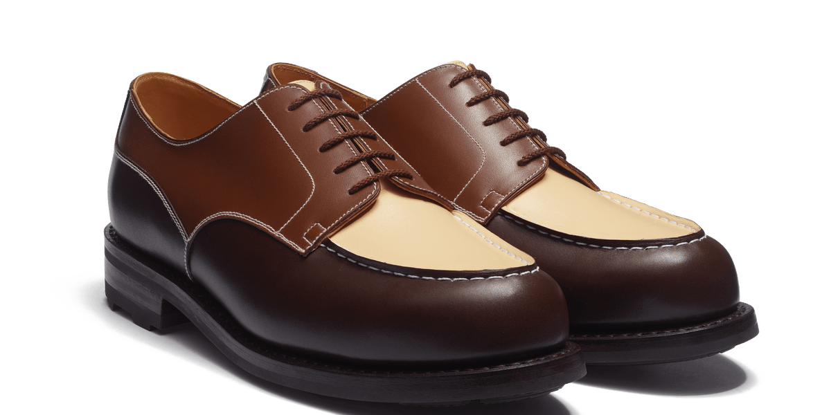 Men's Dark brown, tan and porcelaine boxcalf Derby Golf – J.M. Weston