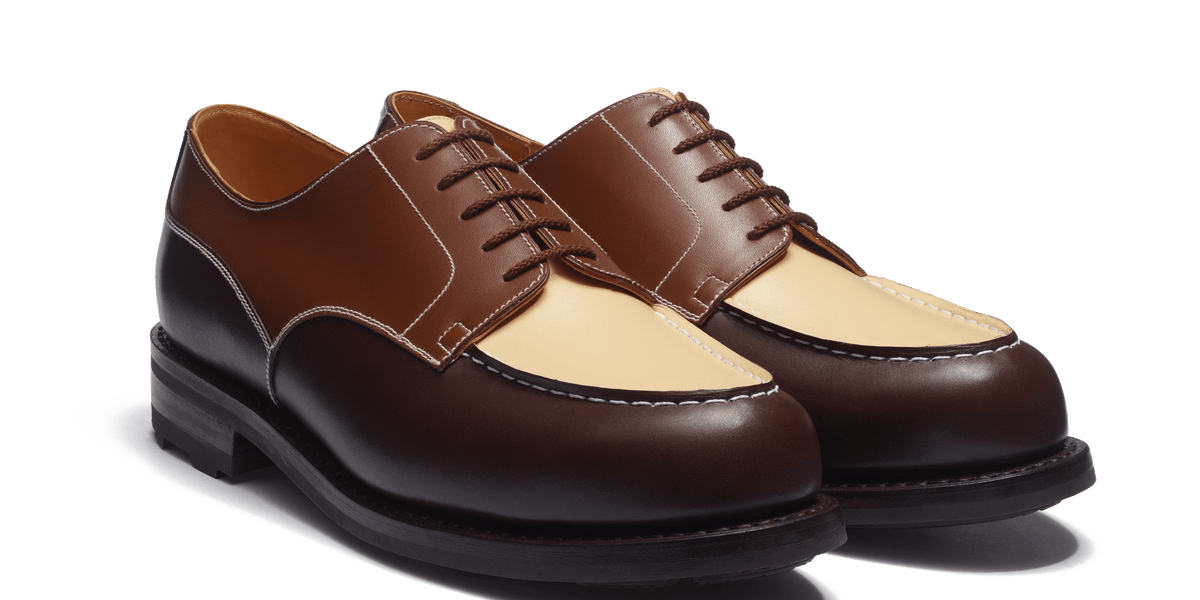 Men's Dark brown, tan and porcelaine boxcalf Derby Golf – J.M. Weston Men's Dark brown, tan and porcelaine boxcalf Derby Golf – J.M. Weston