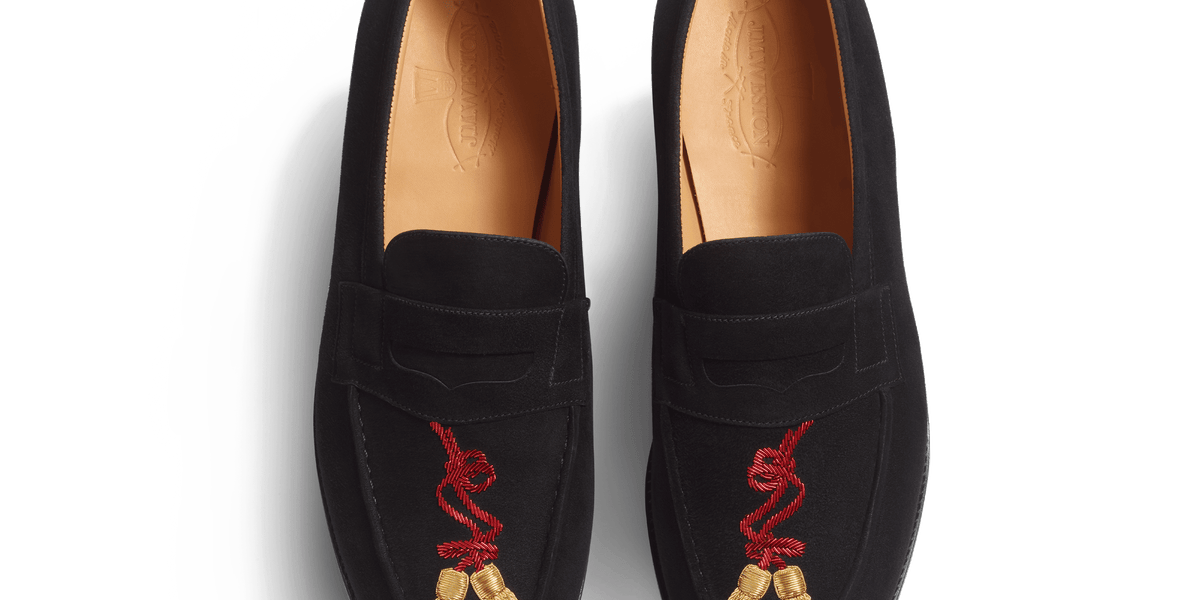 Men's Black suede goatskin and red & gold embroidery 180 Loafer 