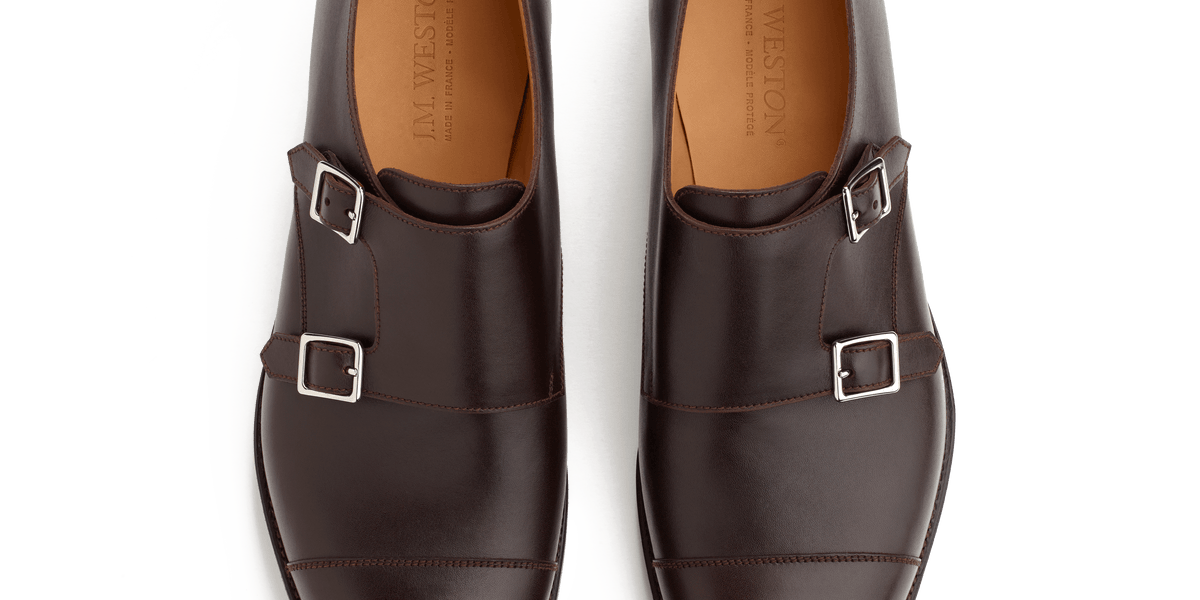 Men s Double Buckle Derby in smooth brown leather J.M. Weston