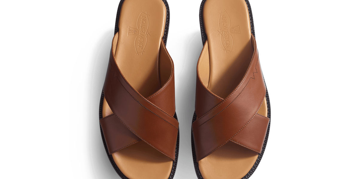 Men's Tan soft calfskin Crossed Mule Double V | J.M. Weston