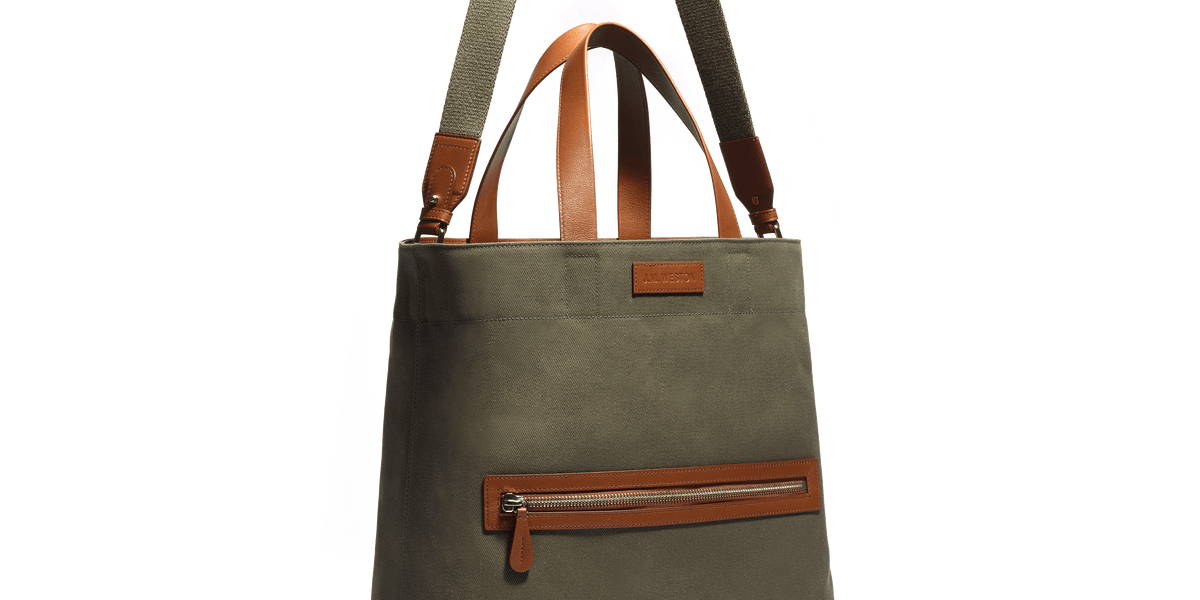 Walker Tote Bag Large Model made of Kaki Canvas and Tan Calfskin