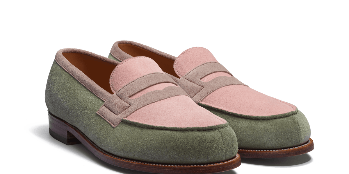 Weston Roses Mocassin 180 homme en cuir veau velours rose clair, parme et vieil or ...