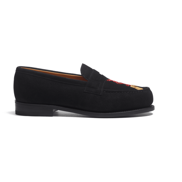 J.M. Weston Mocassin 180 [femme cuir chèvre velours noir et broderies rouge et or]