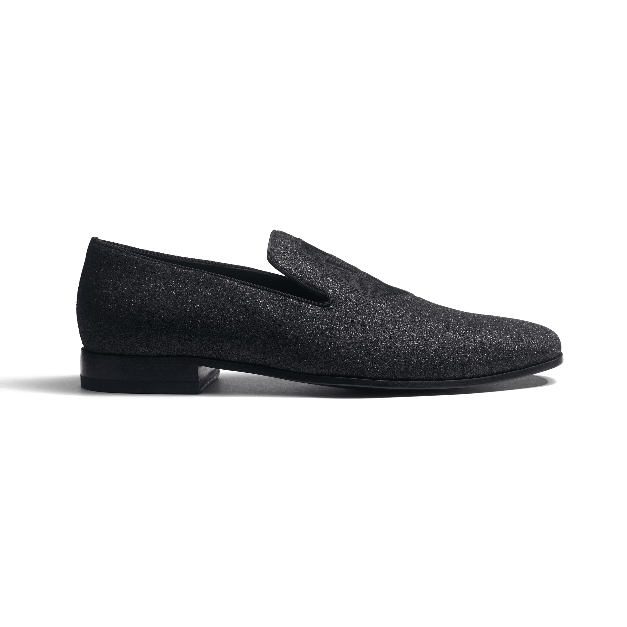 Mocassin Albi avec Blason [homme cuir chèvre noir à effet pailleté]