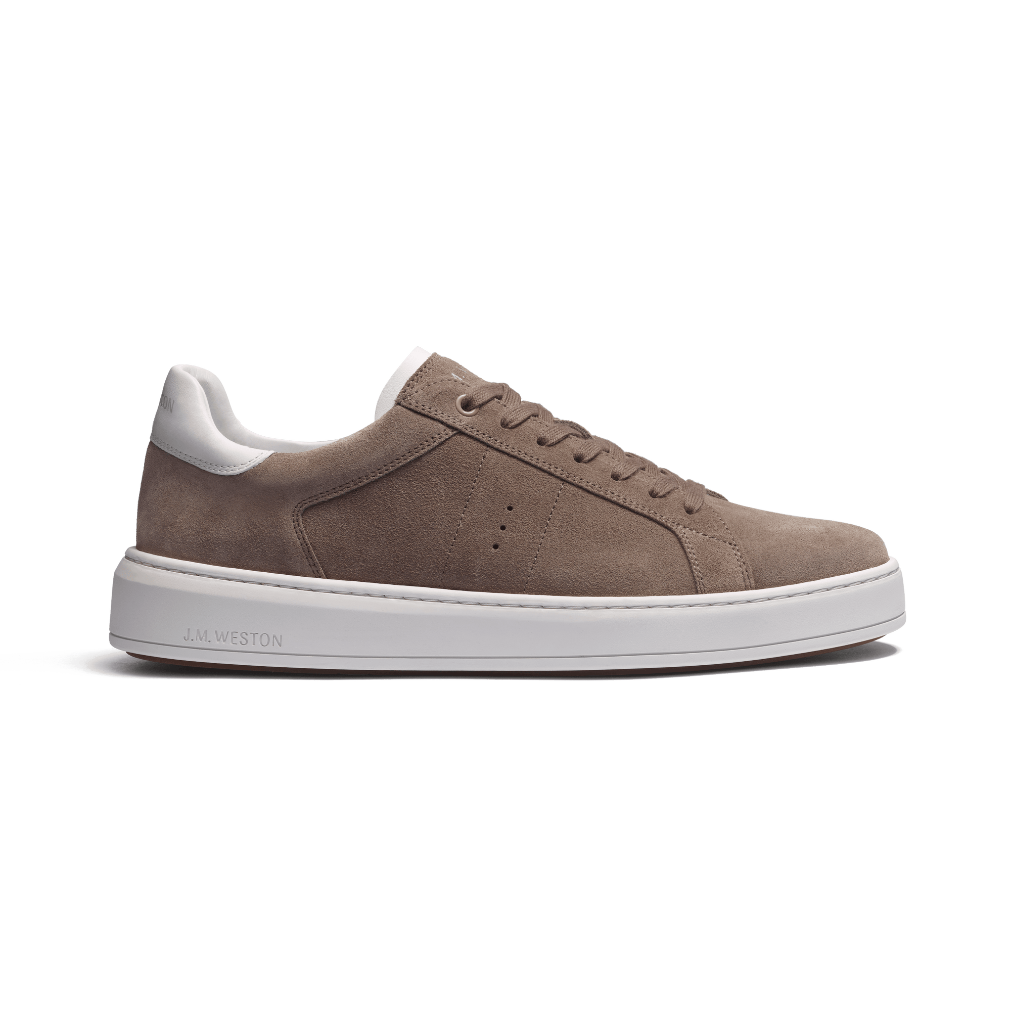 On Time Sneaker [Taupe suede calfskin with white sport calfskin details]