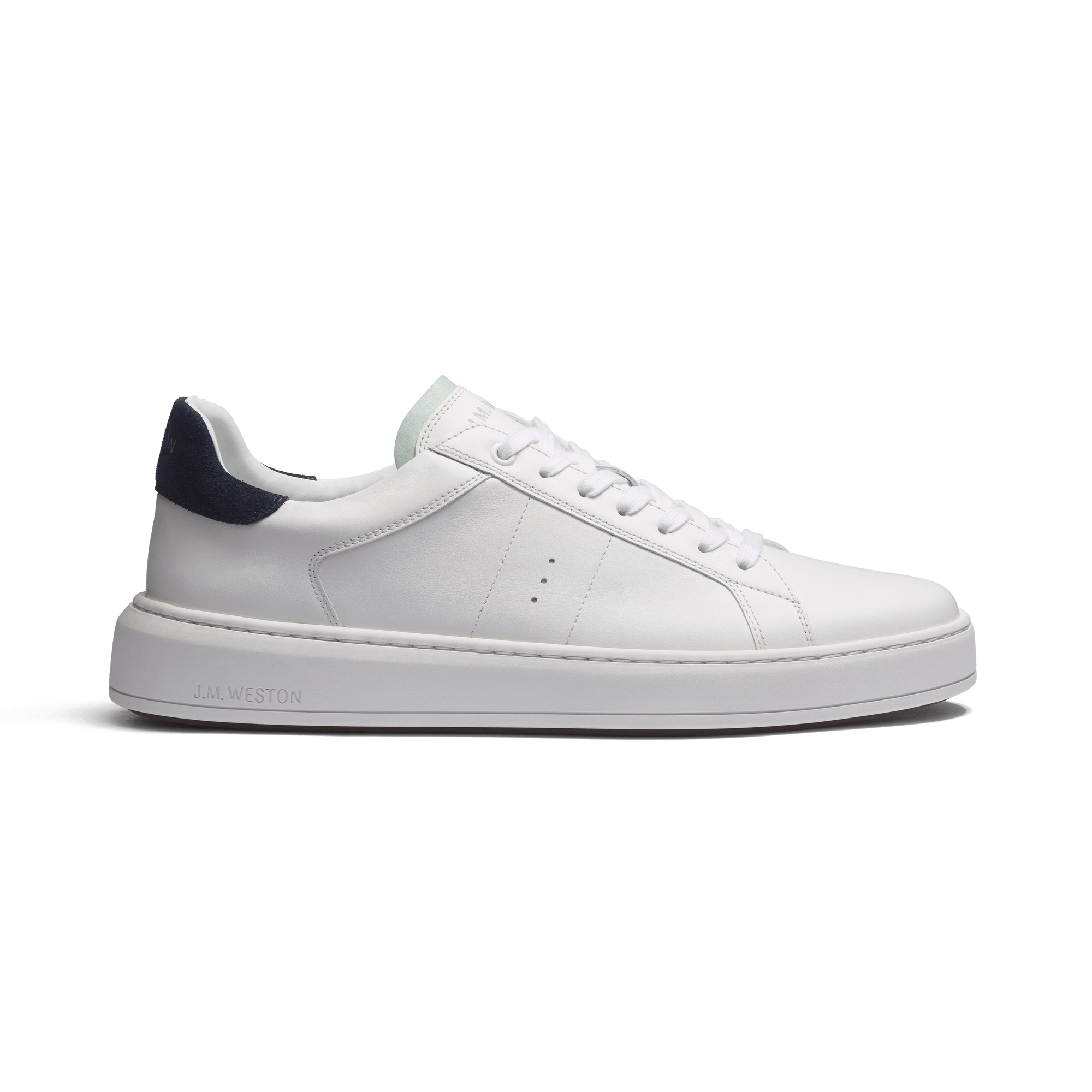 Basket On Time [Cuir veau lisse blanc détails velours marine et cuir lisse vert d'eau]