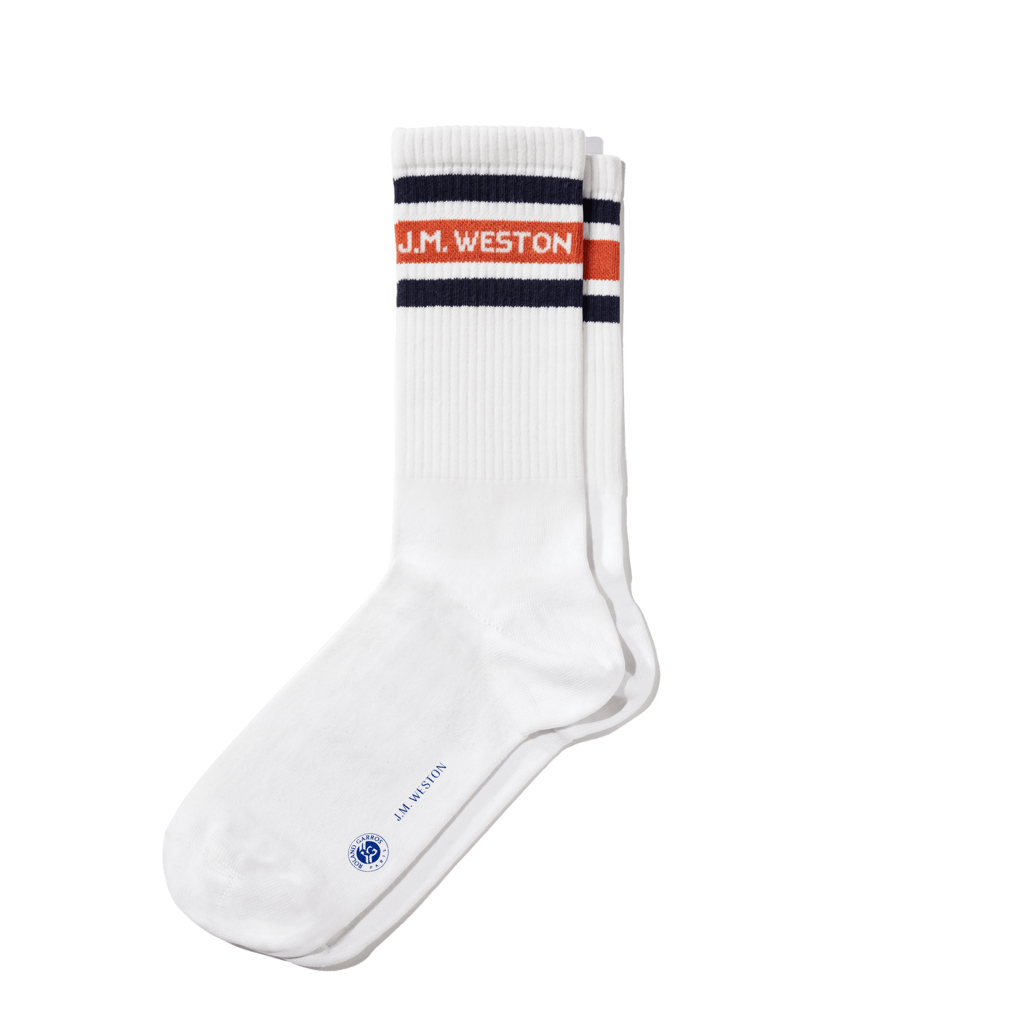 Chaussettes courtes à bandes Roland-Garros [Polyamide blanc avec détails orange terre battue et bleu marine]