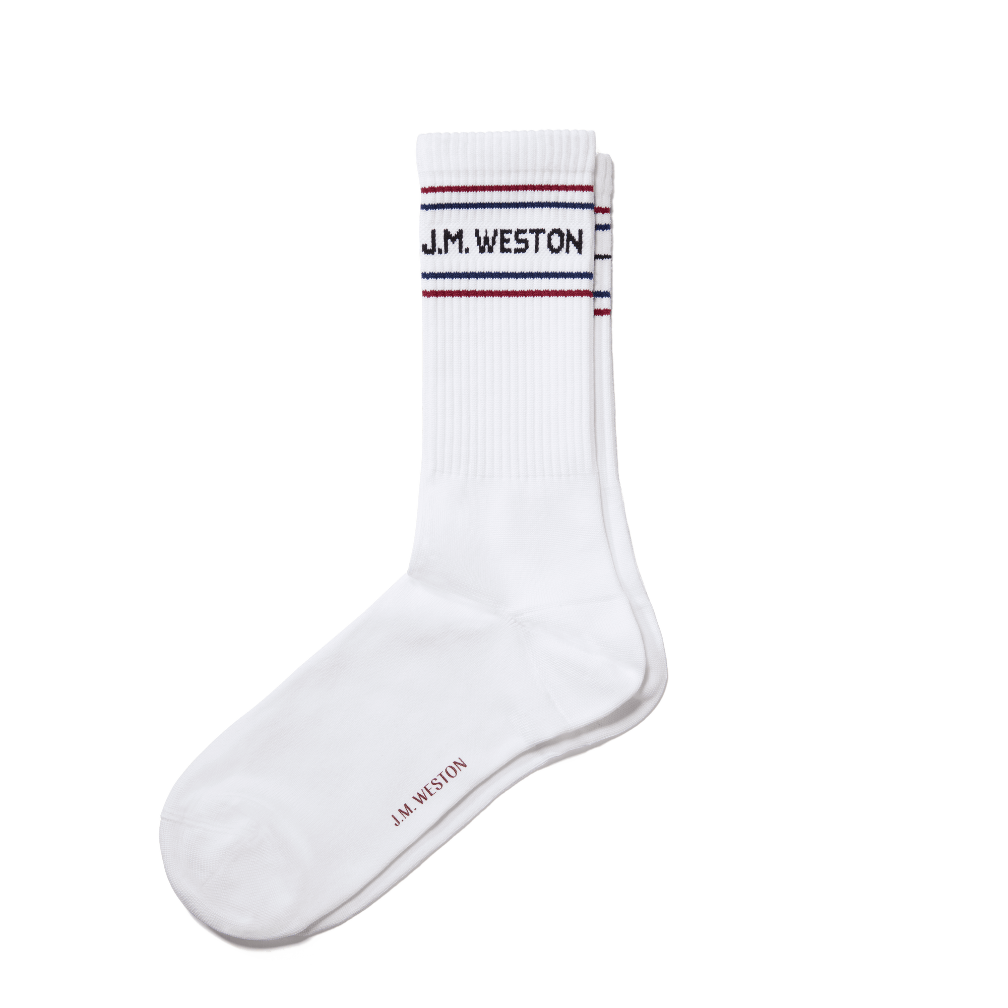 Short sport socks with stripes [White polyamid, navy, burgundy and black details]