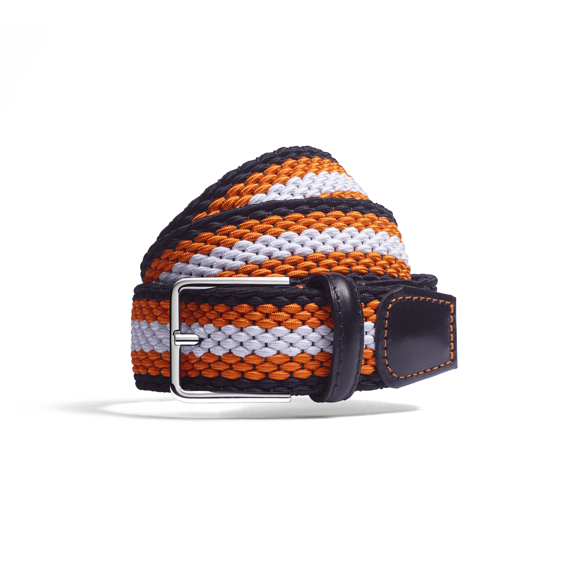 Ceinture Élastique Roland-Garros [Tresse bleu marine, blanche et orange terre battue et cuir veau lisse bleu marine]