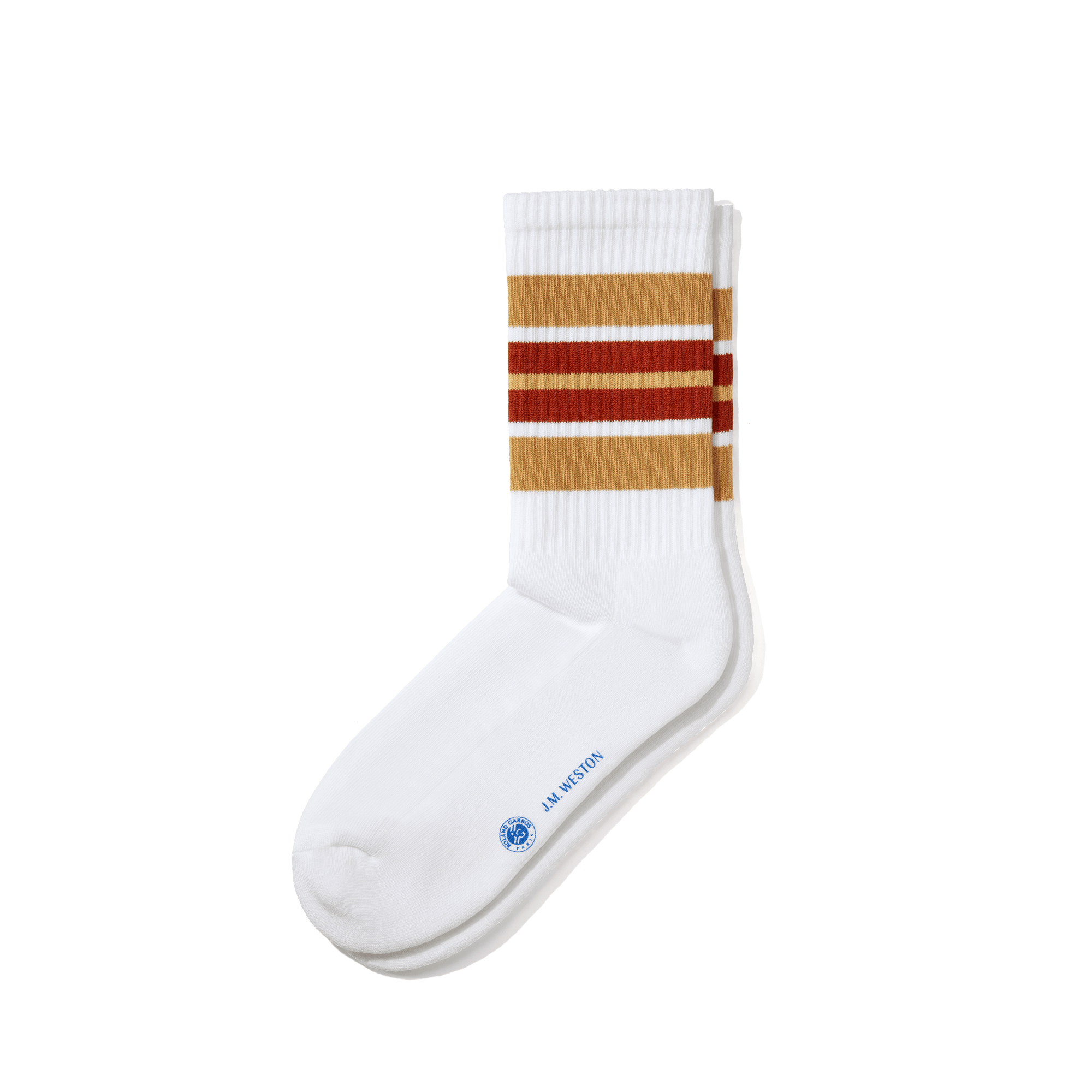 Roland-Garros short  socks with stripes [White blended cotton with clay-orange & beige & taupe details]