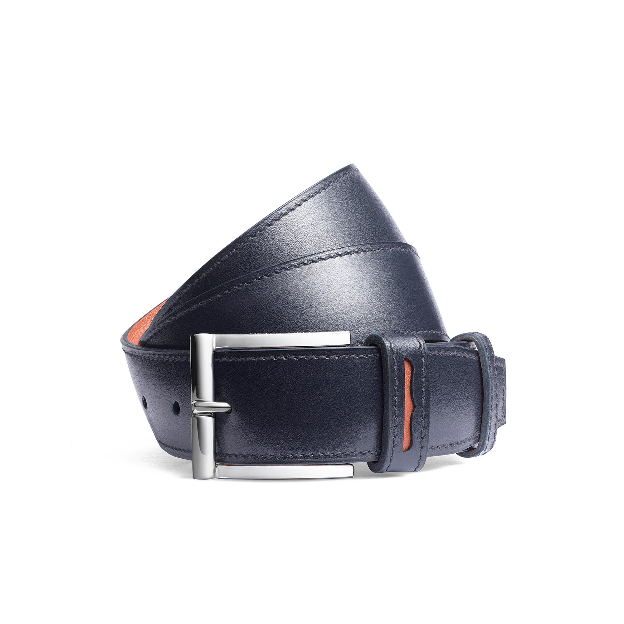 Ceinture demi-jonc Roland-Garros [Cuir veau box bleu marine & cuir veau lisse orange terre battue]
